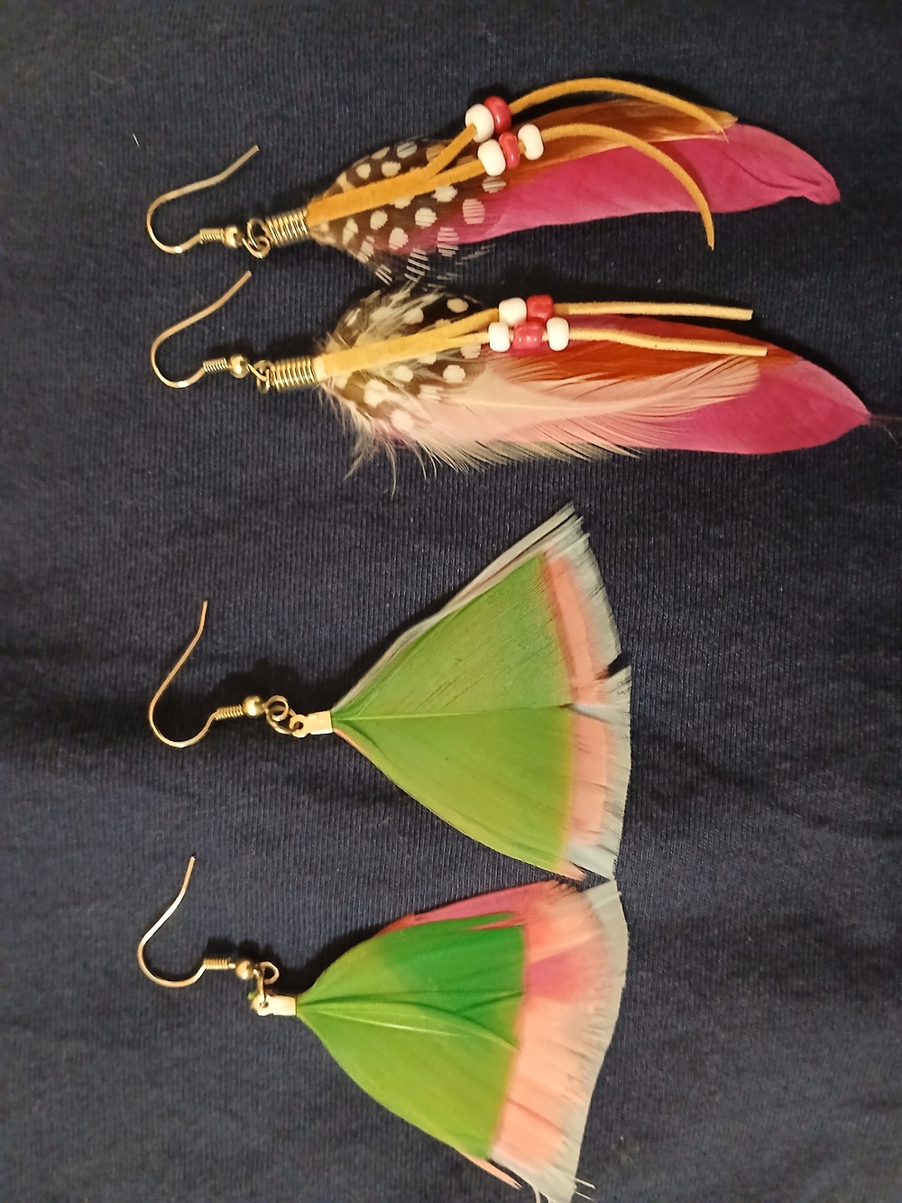 Vintage Pink & Green Feather Dangle Earrings 2 Pairs Set